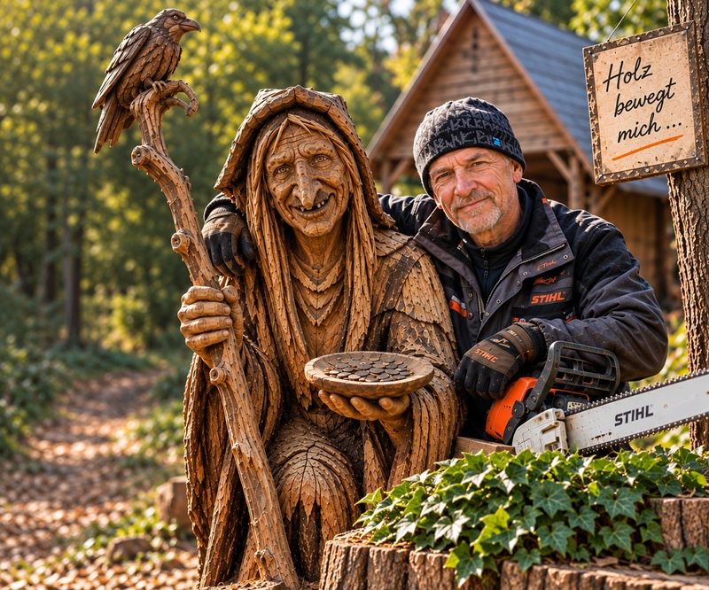 Dieter Krüger mit einer geschnitzten Hexe